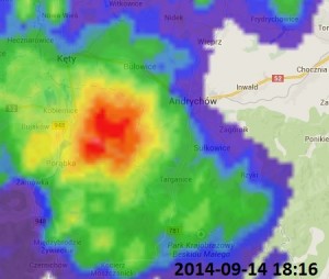 Radarowa mapa opadów - burza nad Czańcem
